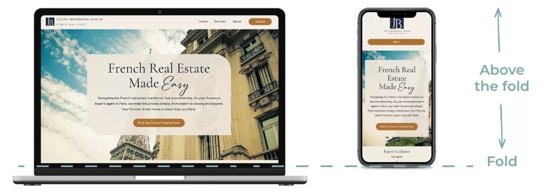 Laptop and iphone mockup and diagram showing the section of screen "above the fold"