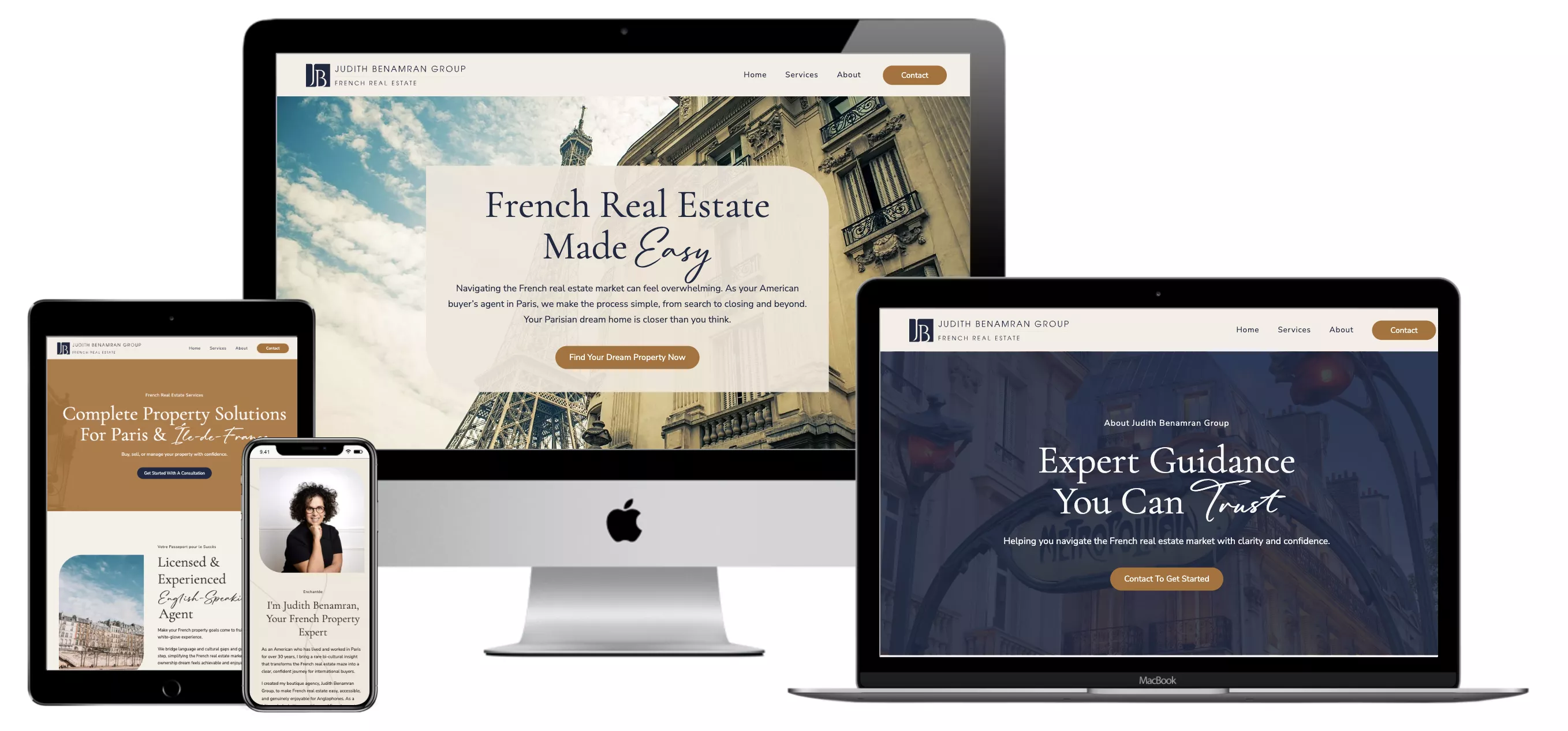The new website for the Judith Benamran Group showing different pages on devices