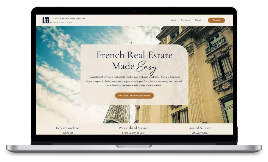 Custom website design and development and branding for the Judith Benamran Group laptop mockup