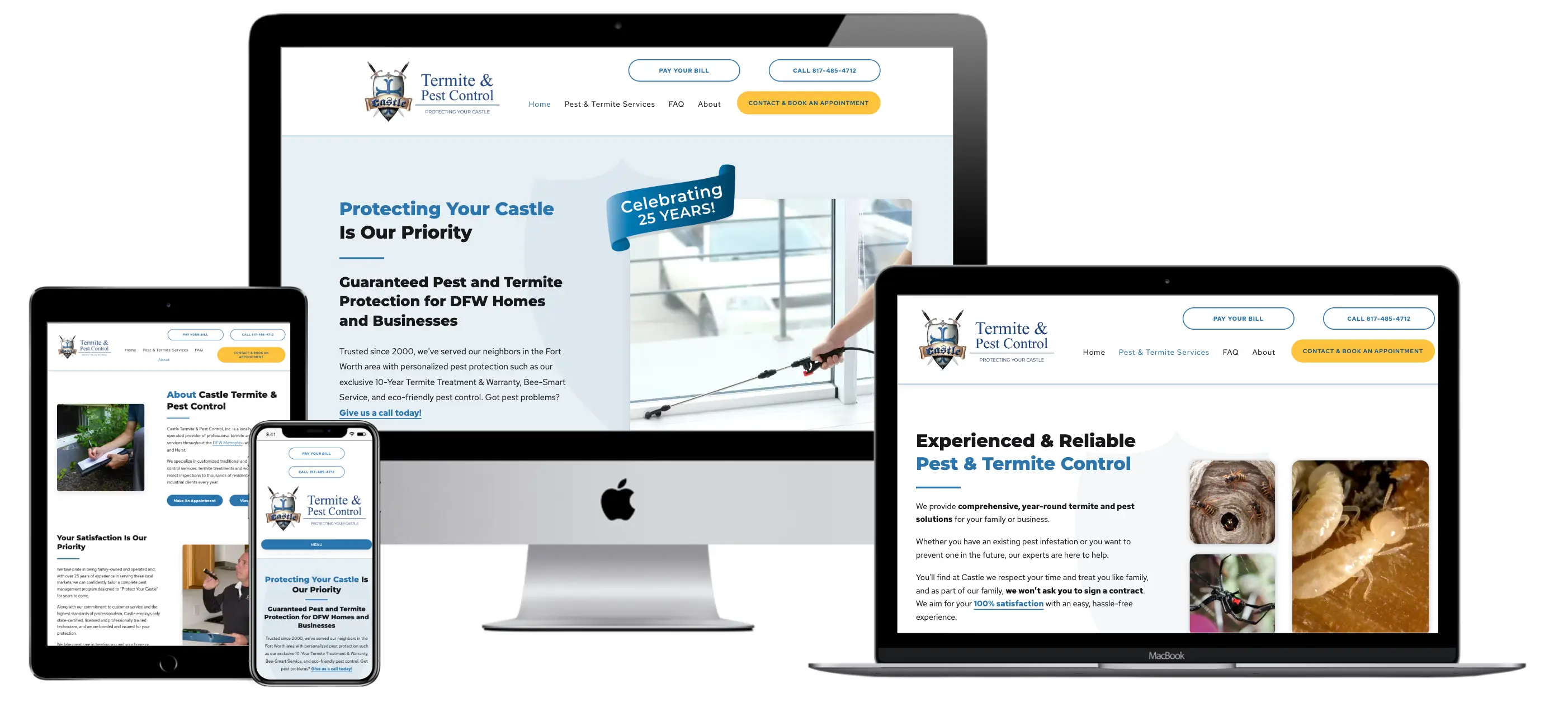 The new website for Castle Termite & Pest Control showing different pages on devices