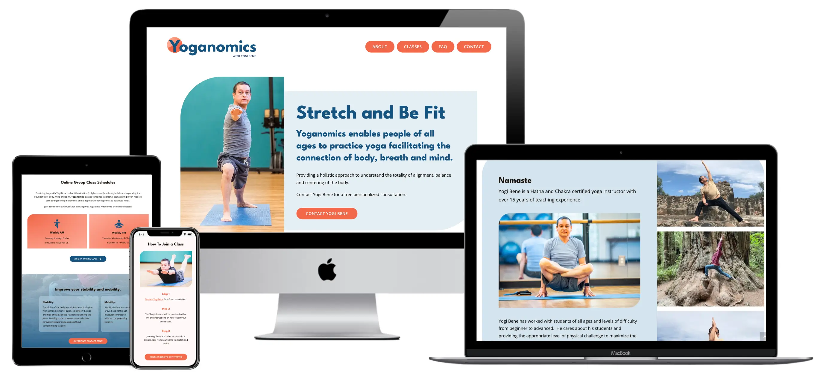 The new website for Yoganomics with Yogi Bene showing different pages on devices