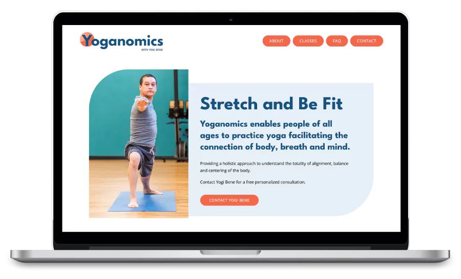 Custom website design and development and branding for Yoganomics with Yogi Bene laptop mockup